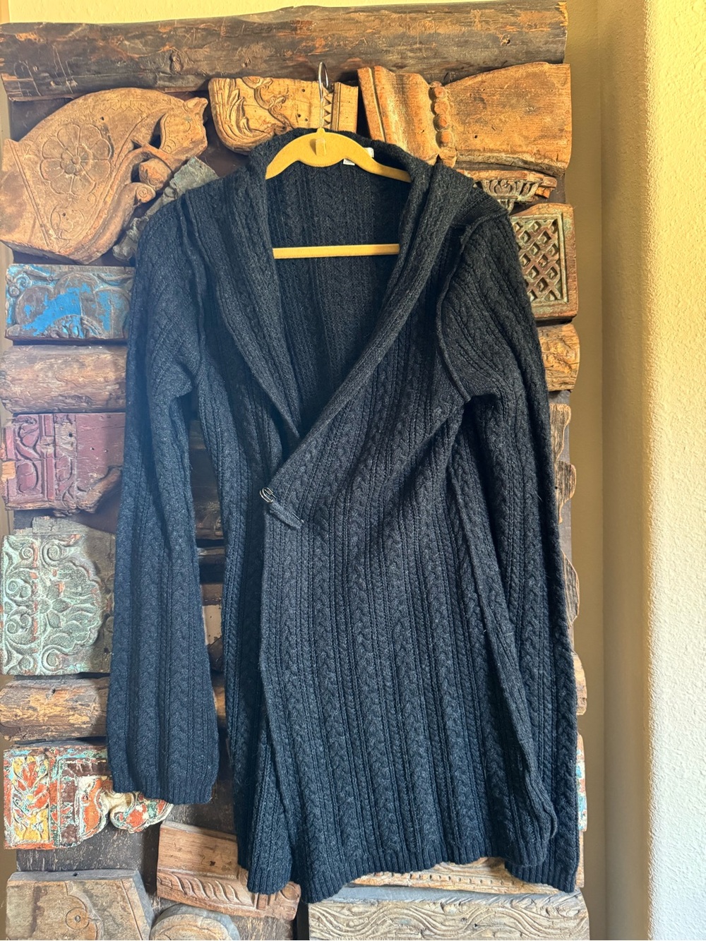 CAbi Angora Blend Cable Knit Sweater Hooded w/Pin Closure Charcoal Gray/Grey XL